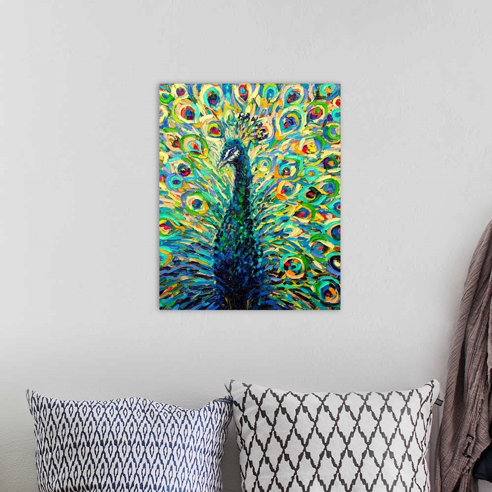 A bohemian room featuring Brightly colored contemporary artwork of a peacock with it's tail fanned out.