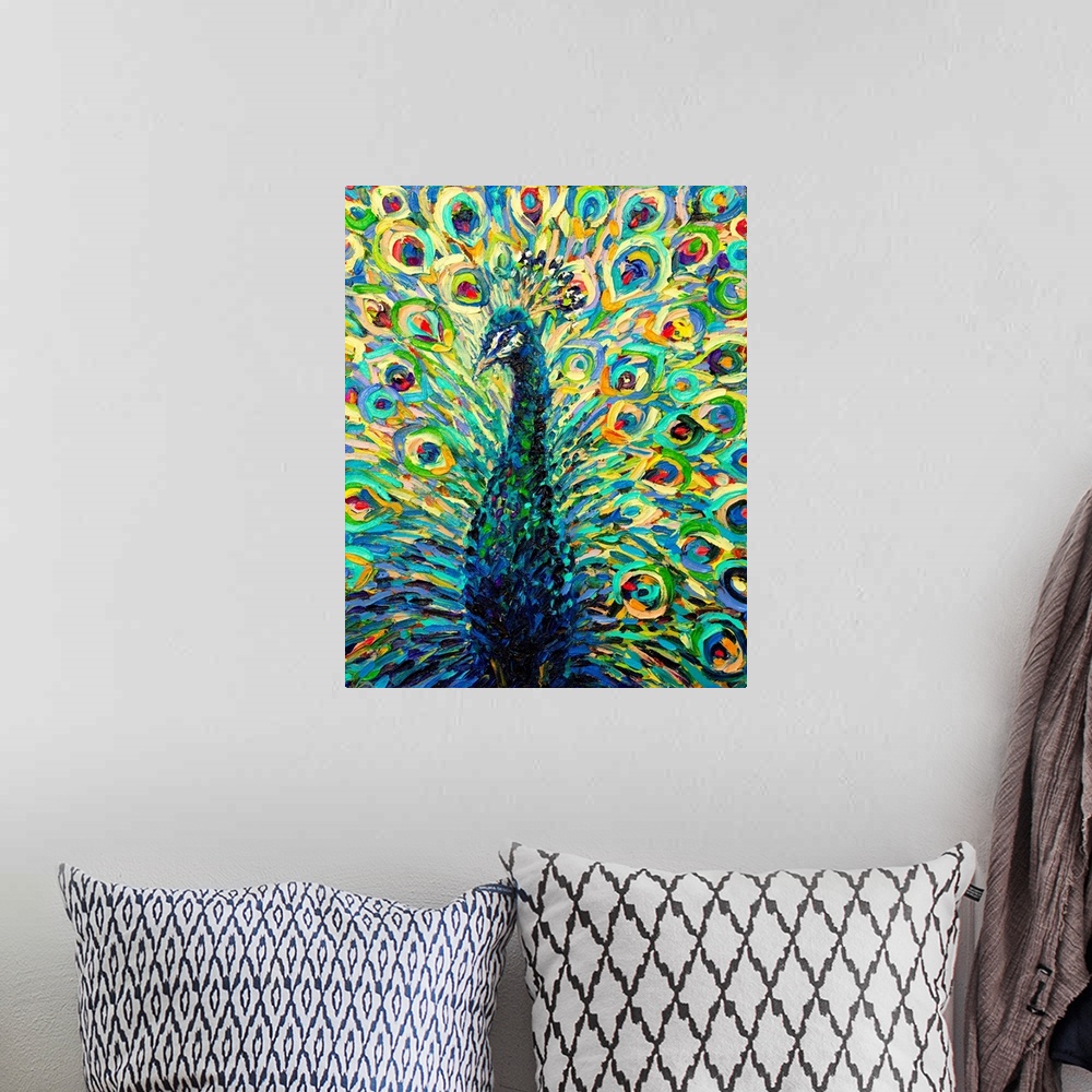 A bohemian room featuring Brightly colored contemporary artwork of a peacock with it's tail fanned out.