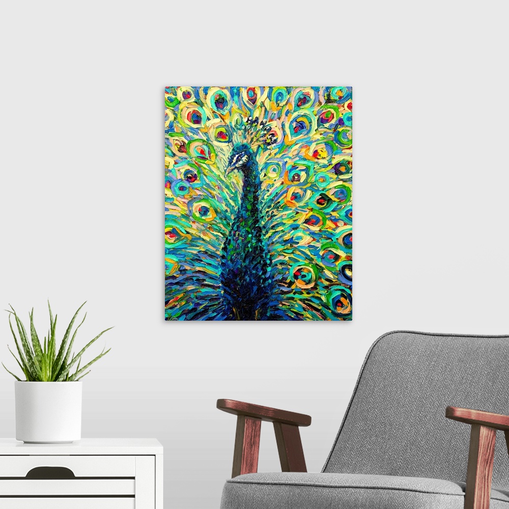 A modern room featuring Brightly colored contemporary artwork of a peacock with it's tail fanned out.