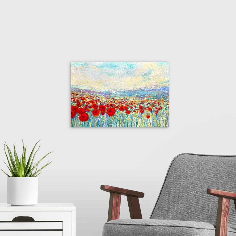 A modern room featuring Brightly colored contemporary artwork of a painting of a field of red poppies.