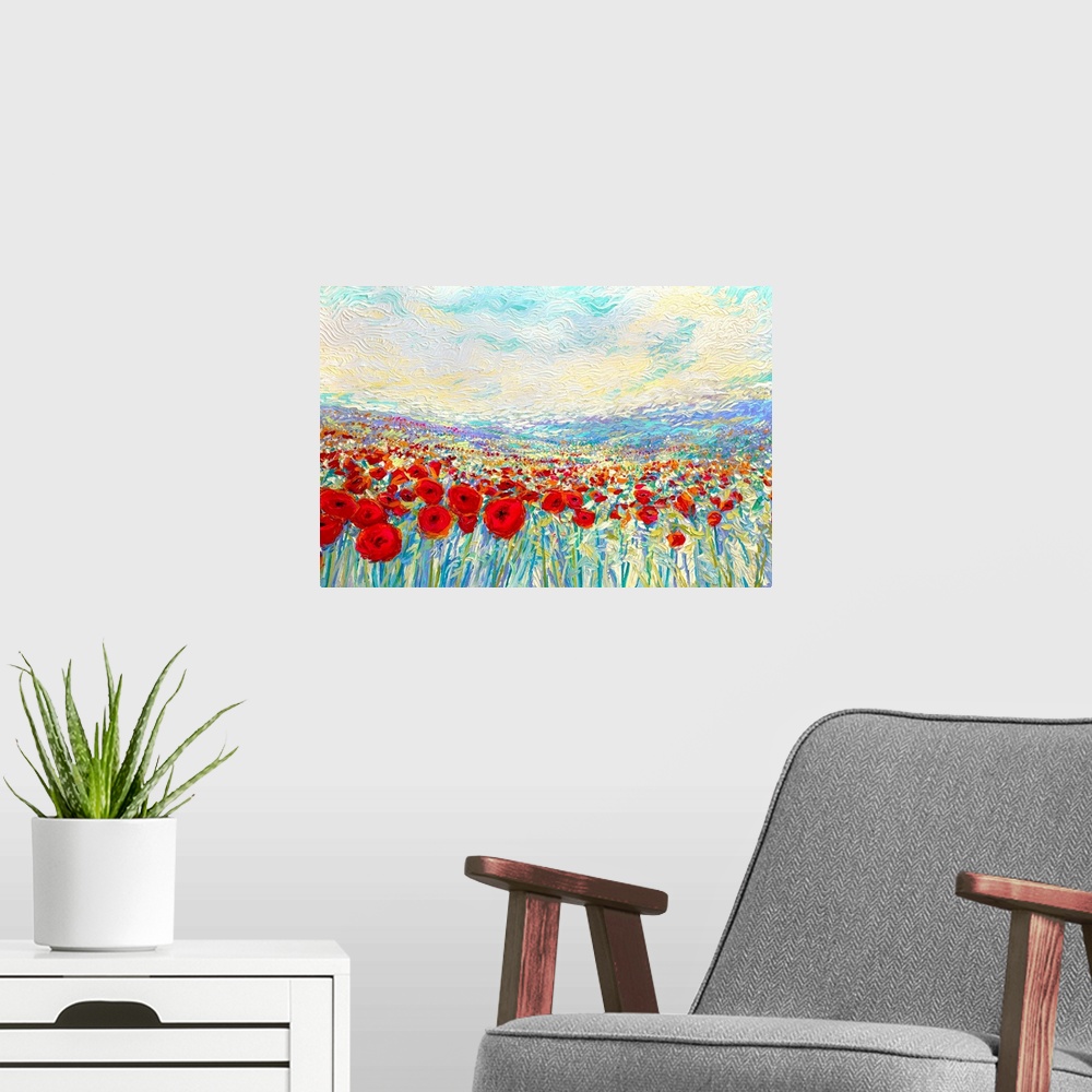 A modern room featuring Brightly colored contemporary artwork of a painting of a field of red poppies.