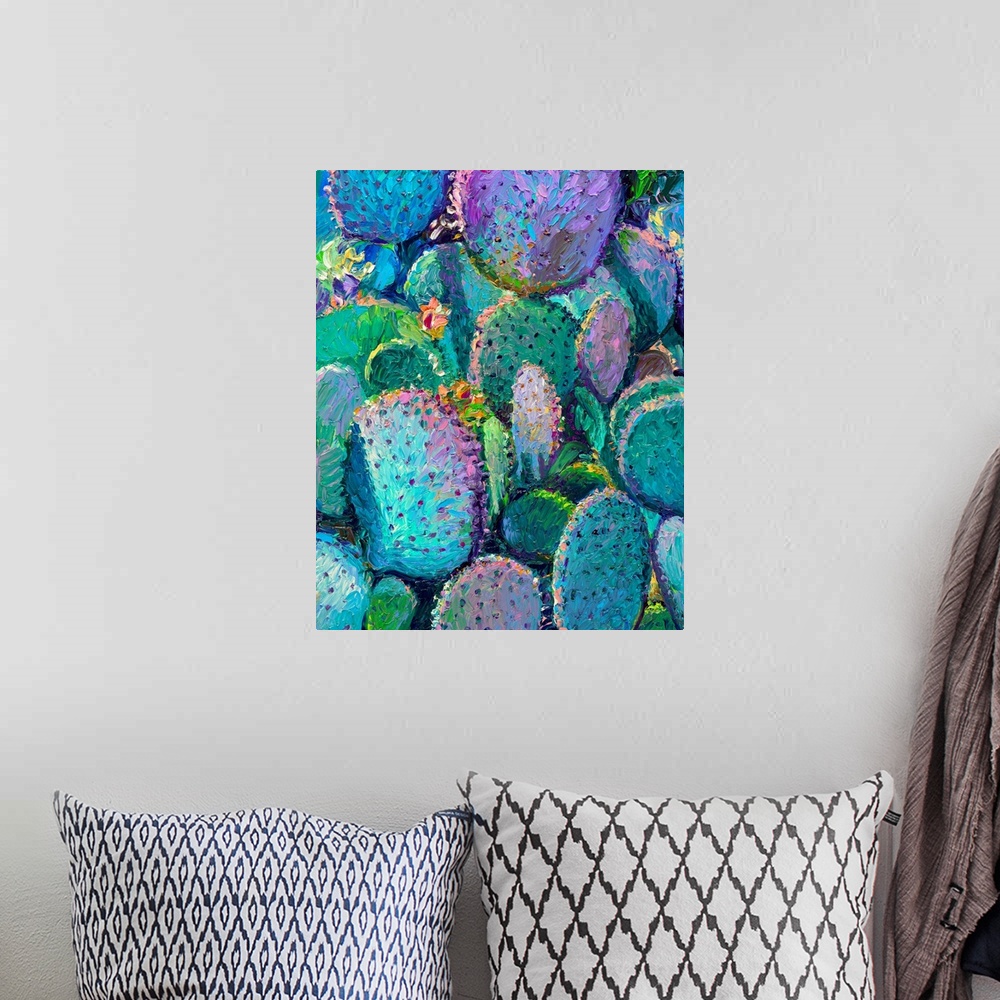 A bohemian room featuring Brightly colored contemporary artwork of a blue, green, and purple cacti.