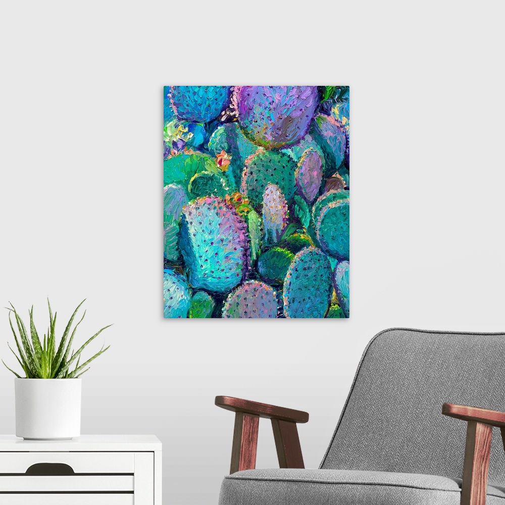 A modern room featuring Brightly colored contemporary artwork of a blue, green, and purple cacti.