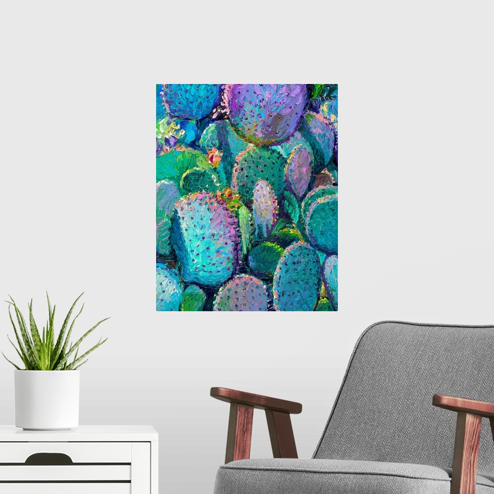 A modern room featuring Brightly colored contemporary artwork of a blue, green, and purple cacti.