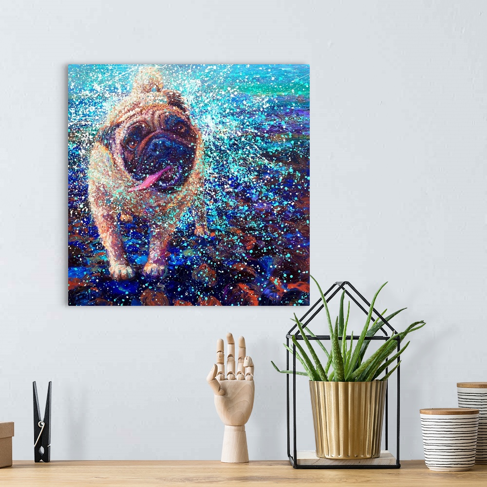 A bohemian room featuring Brightly colored contemporary artwork of a pug shaking off water.