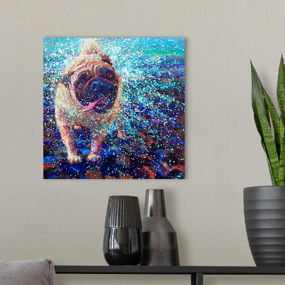 A modern room featuring Brightly colored contemporary artwork of a pug shaking off water.