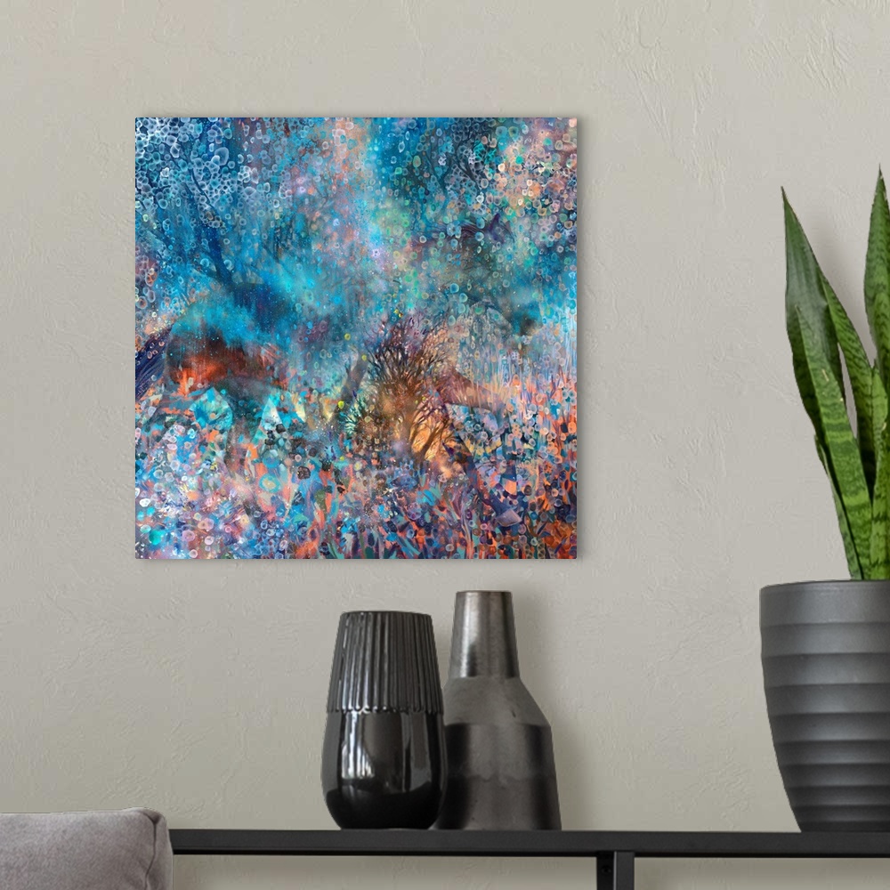 A modern room featuring Brightly colored contemporary artwork of a horse running through color.