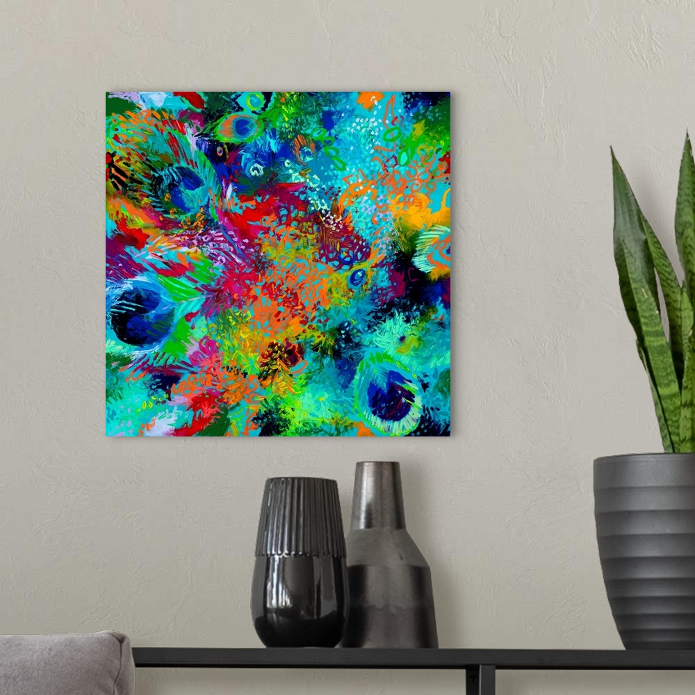 A modern room featuring Brightly colored contemporary artwork of a colorful painting of feathers.