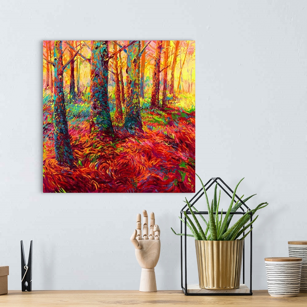 A bohemian room featuring Brightly colored contemporary artwork of a forest of redwoods in red.