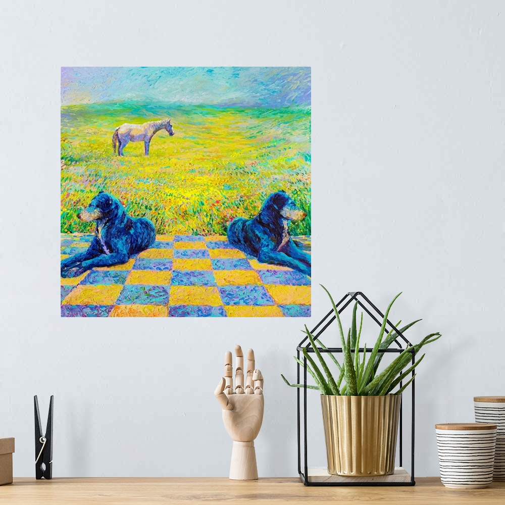 A bohemian room featuring Brightly colored contemporary artwork of two dogs laying in a field with a horse.