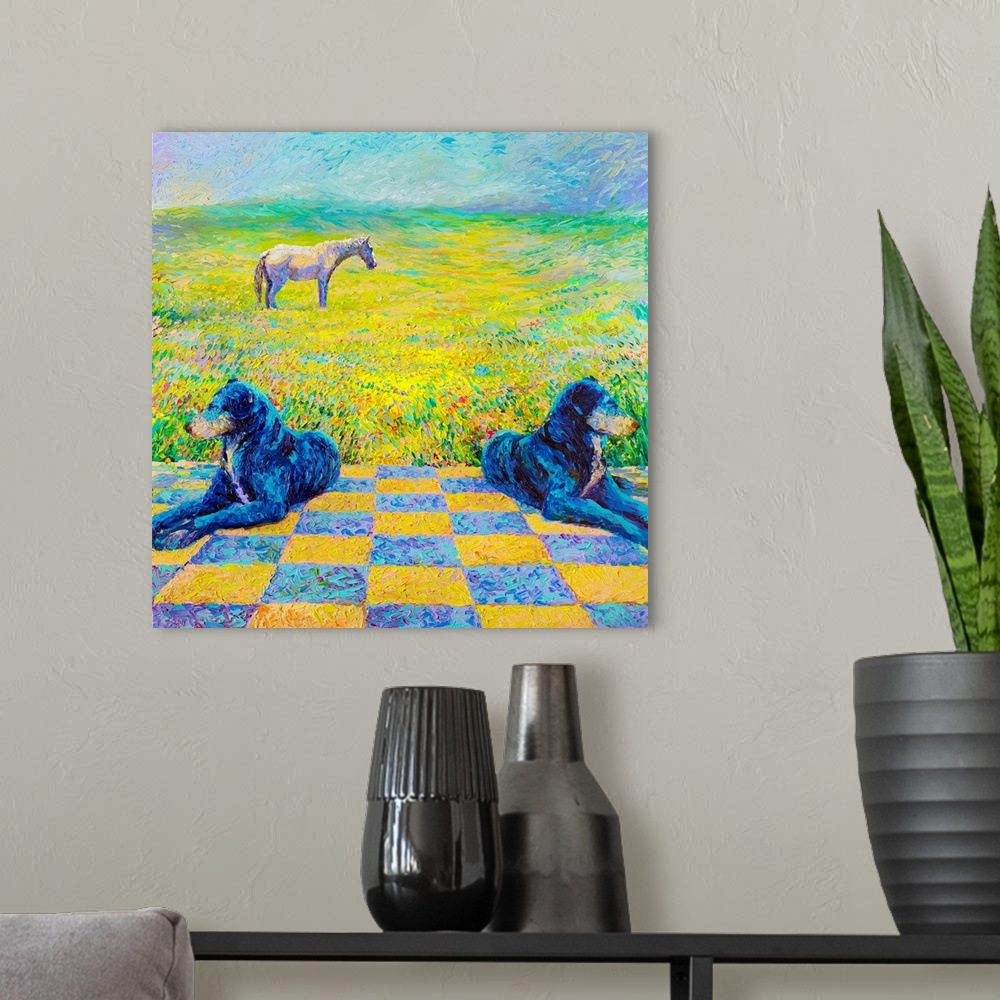 A modern room featuring Brightly colored contemporary artwork of two dogs laying in a field with a horse.
