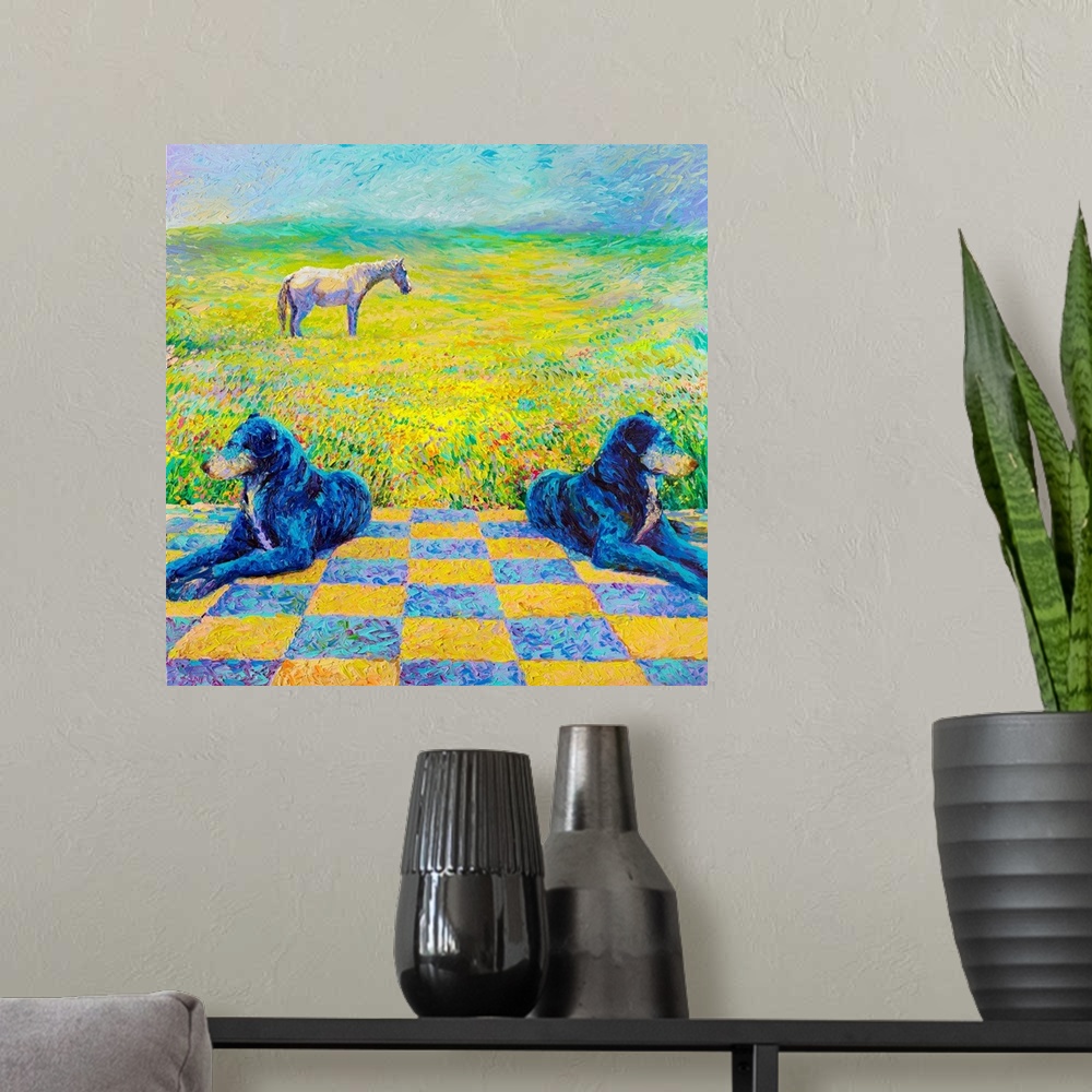 A modern room featuring Brightly colored contemporary artwork of two dogs laying in a field with a horse.