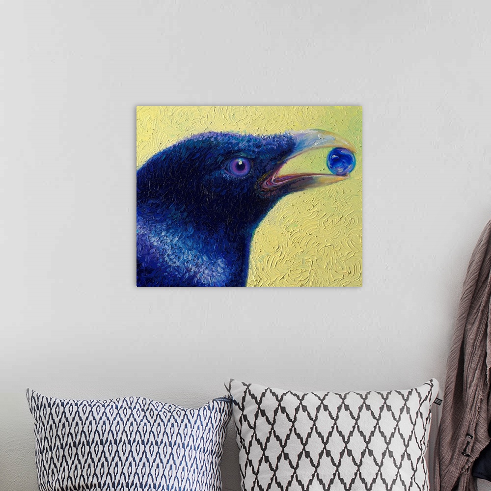 A bohemian room featuring Brightly colored contemporary artwork of a black bird holding a marble.