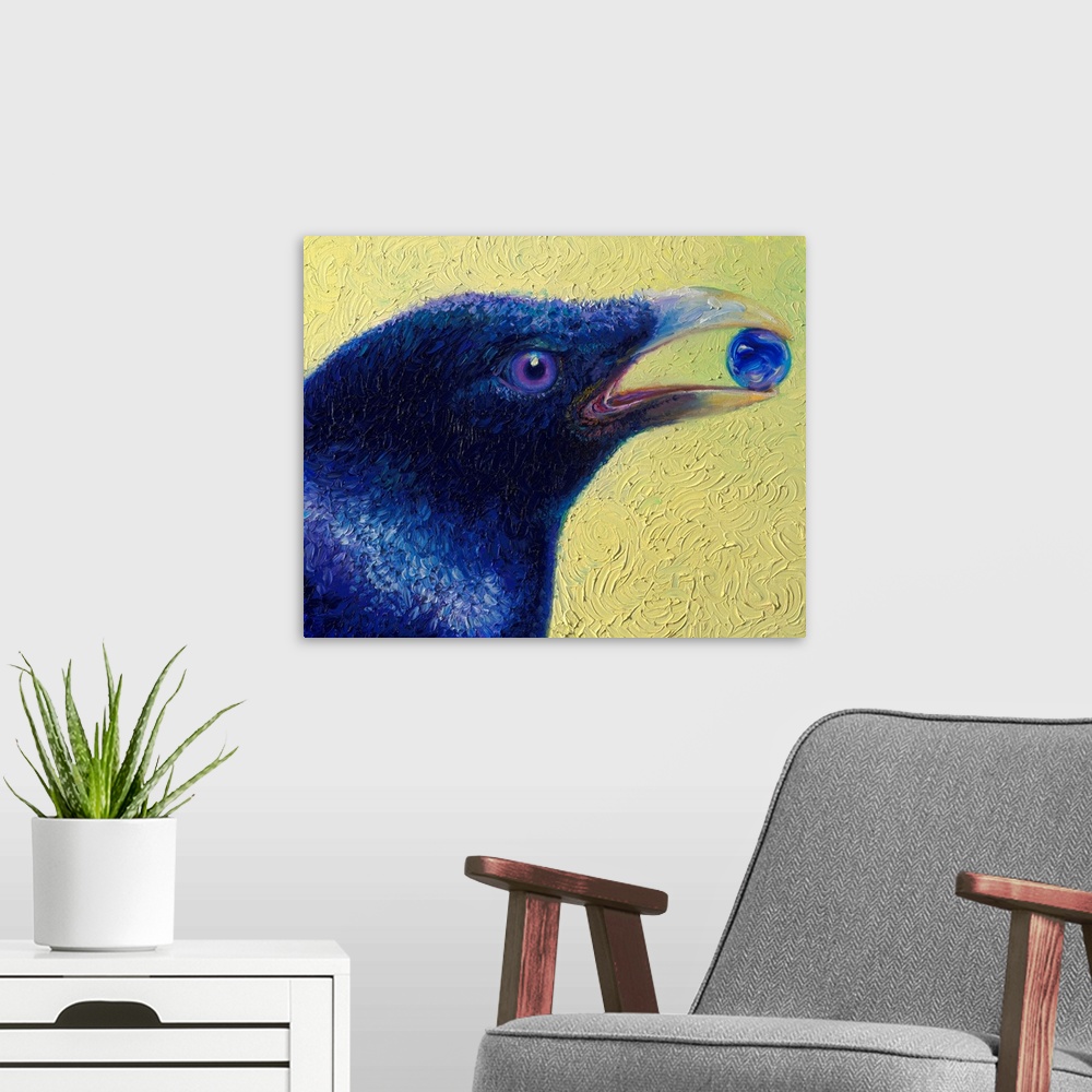 A modern room featuring Brightly colored contemporary artwork of a black bird holding a marble.