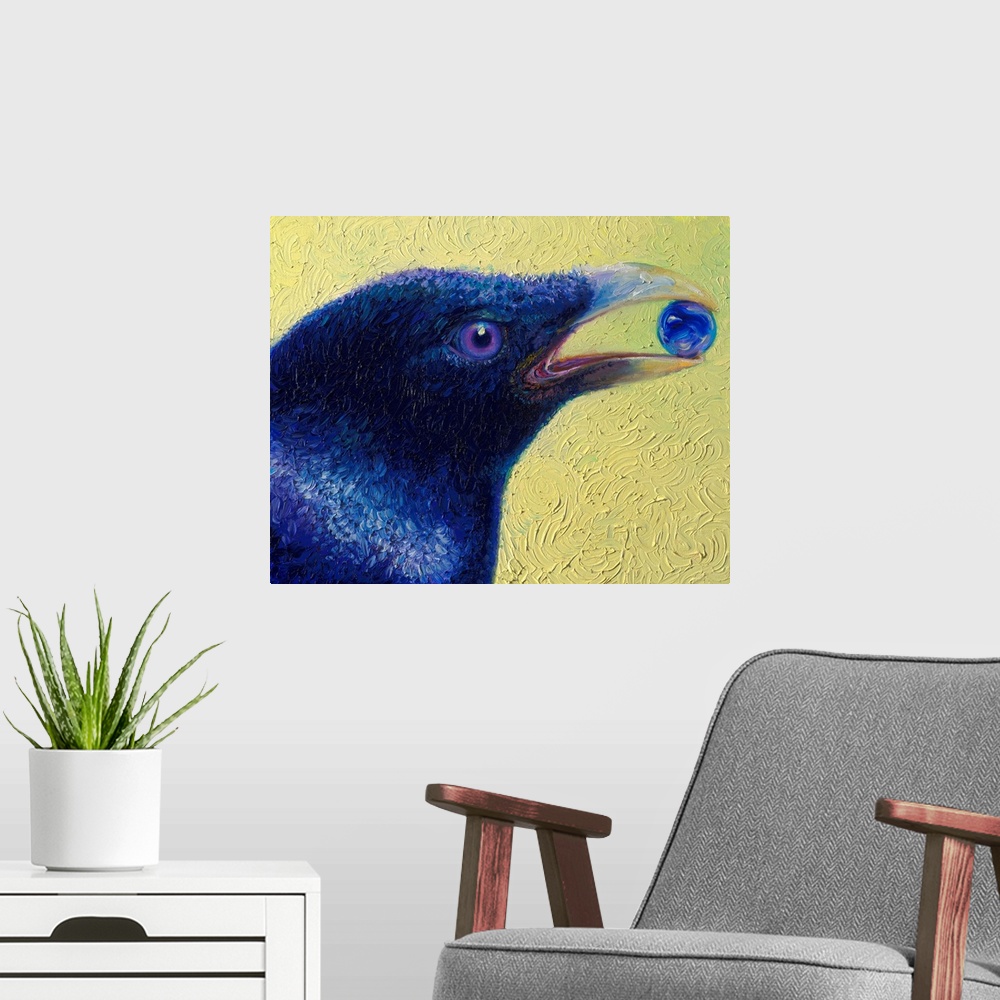 A modern room featuring Brightly colored contemporary artwork of a black bird holding a marble.