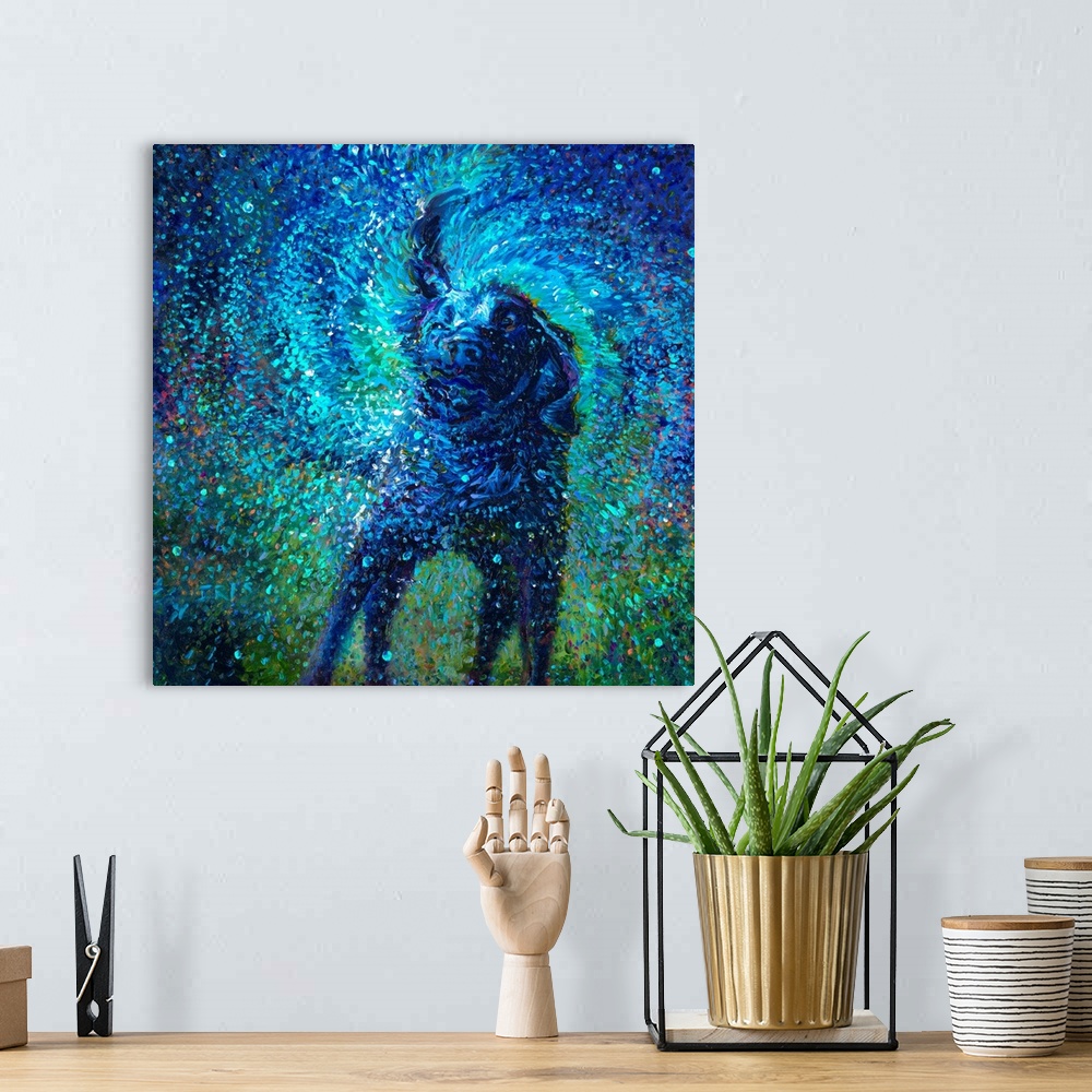 A bohemian room featuring Brightly colored contemporary artwork of a blue dog shaking off water.