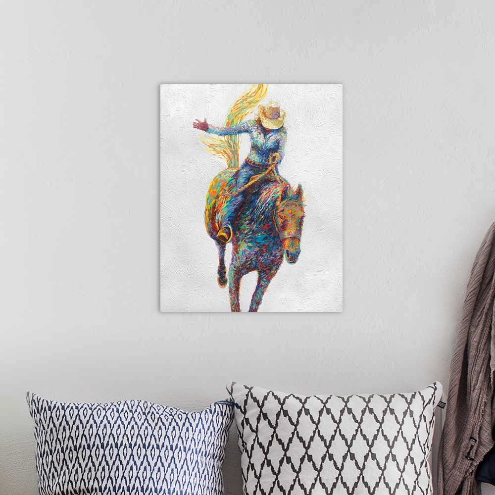 A bohemian room featuring Brightly colored contemporary artwork of a woman riding a horse.