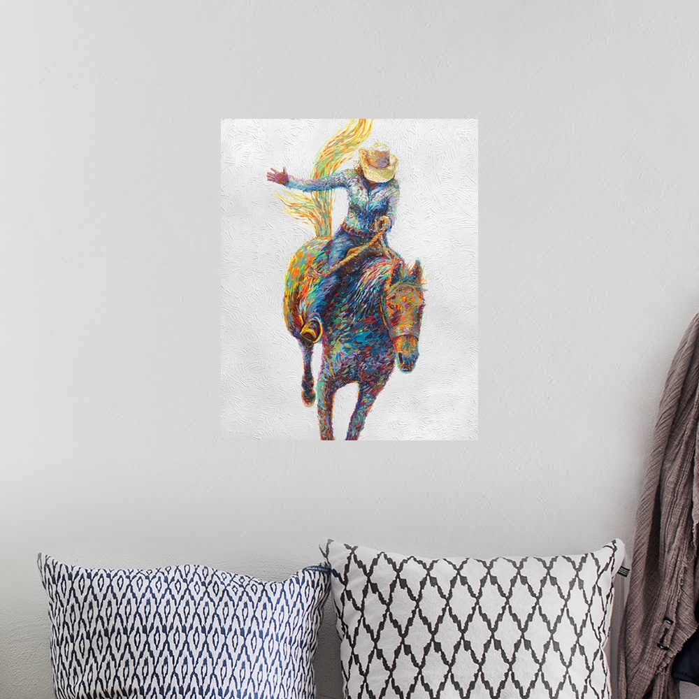 A bohemian room featuring Brightly colored contemporary artwork of a woman riding a horse.