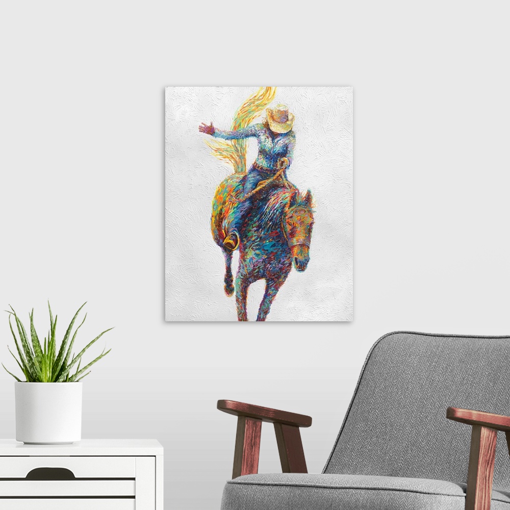 A modern room featuring Brightly colored contemporary artwork of a woman riding a horse.