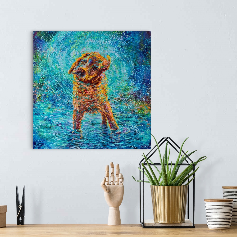 A bohemian room featuring Brightly colored contemporary artwork of a dog standing in water shaking.
