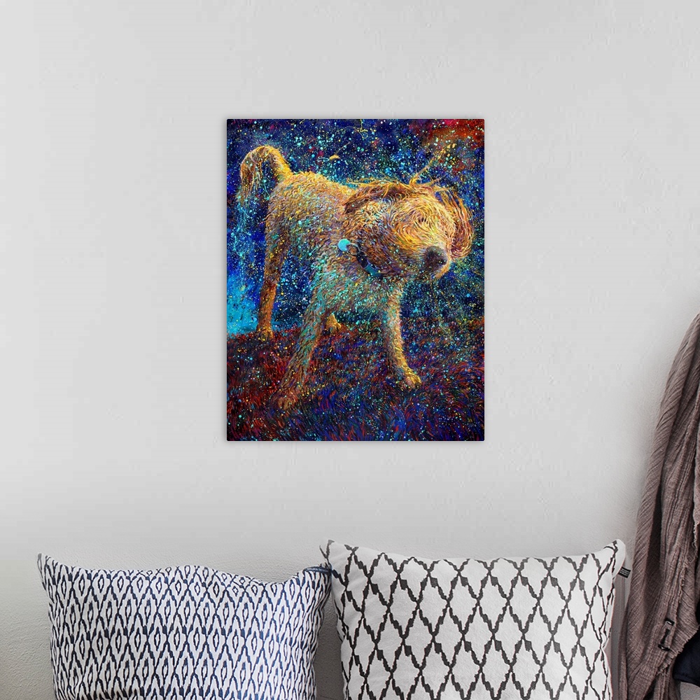 A bohemian room featuring Brightly colored contemporary artwork of a shaggy dog shaking off water.