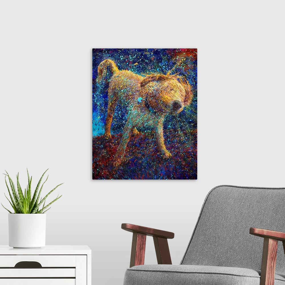 A modern room featuring Brightly colored contemporary artwork of a shaggy dog shaking off water.