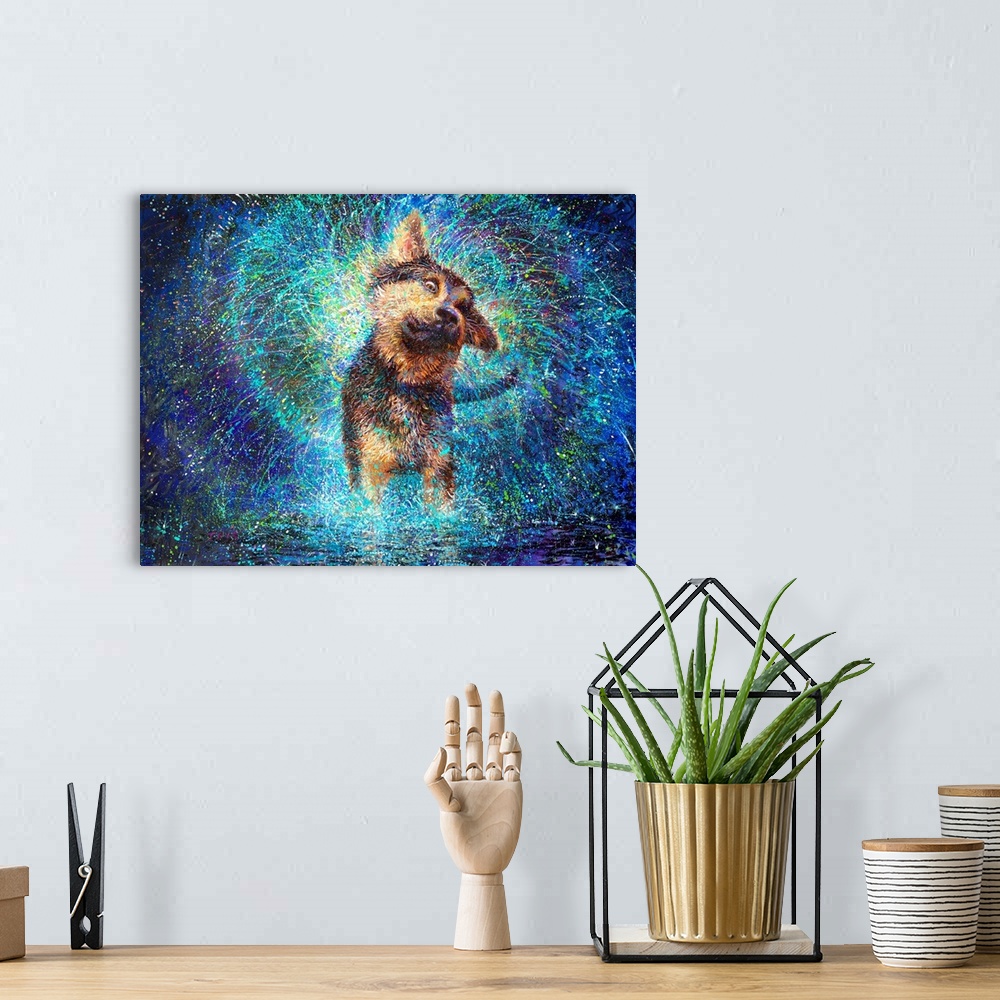 A bohemian room featuring Brightly colored contemporary artwork of a brown and black dog shaking off water.