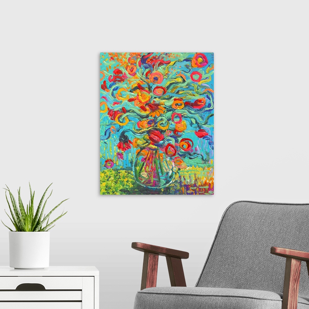 A modern room featuring Brightly colored contemporary artwork of a fingerpainting of red and orange flowers in a vase.