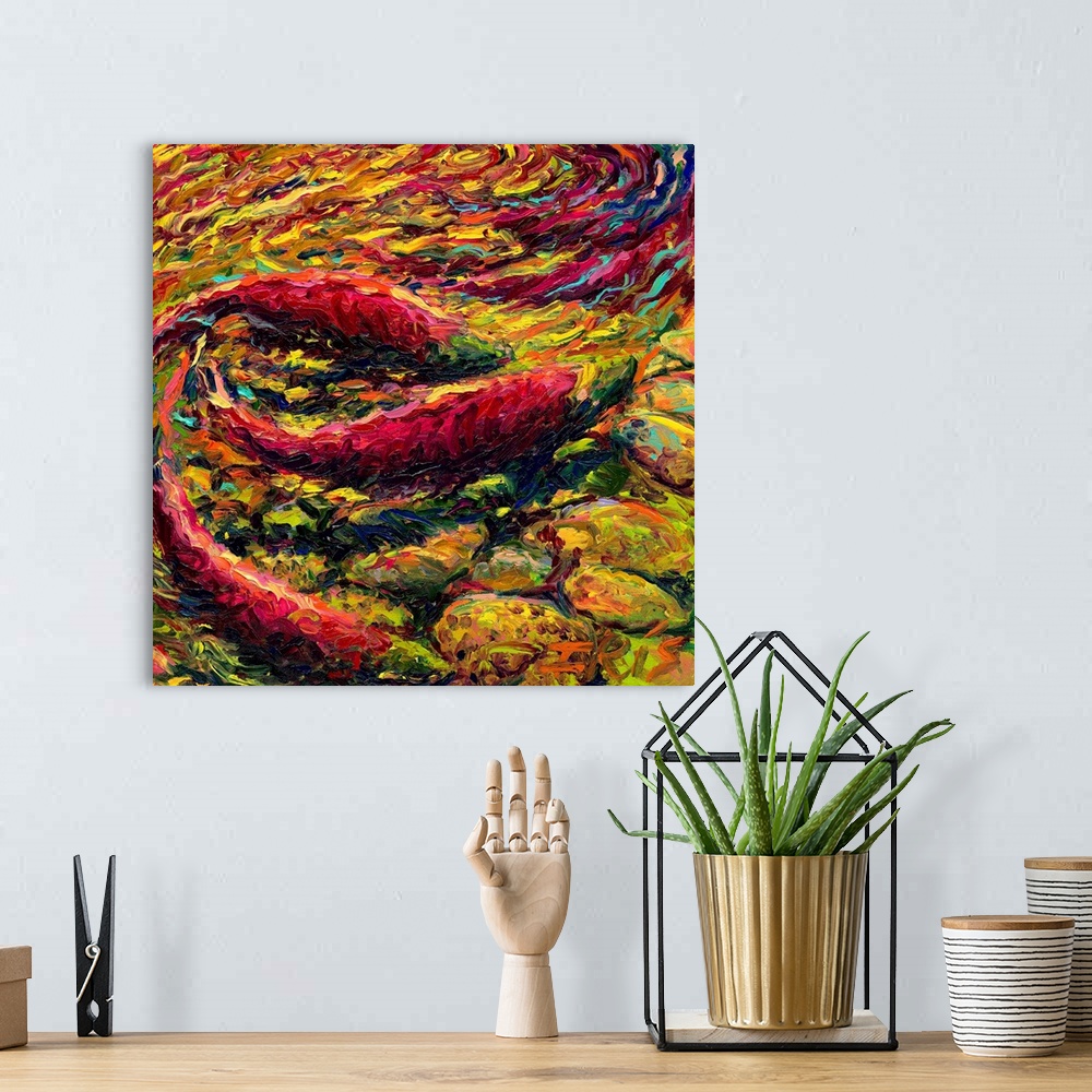 A bohemian room featuring Brightly colored contemporary artwork of a three fish swimming.