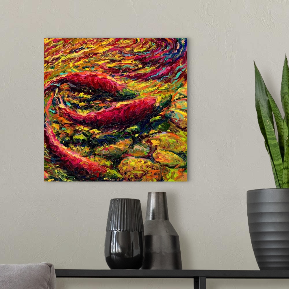 A modern room featuring Brightly colored contemporary artwork of a three fish swimming.