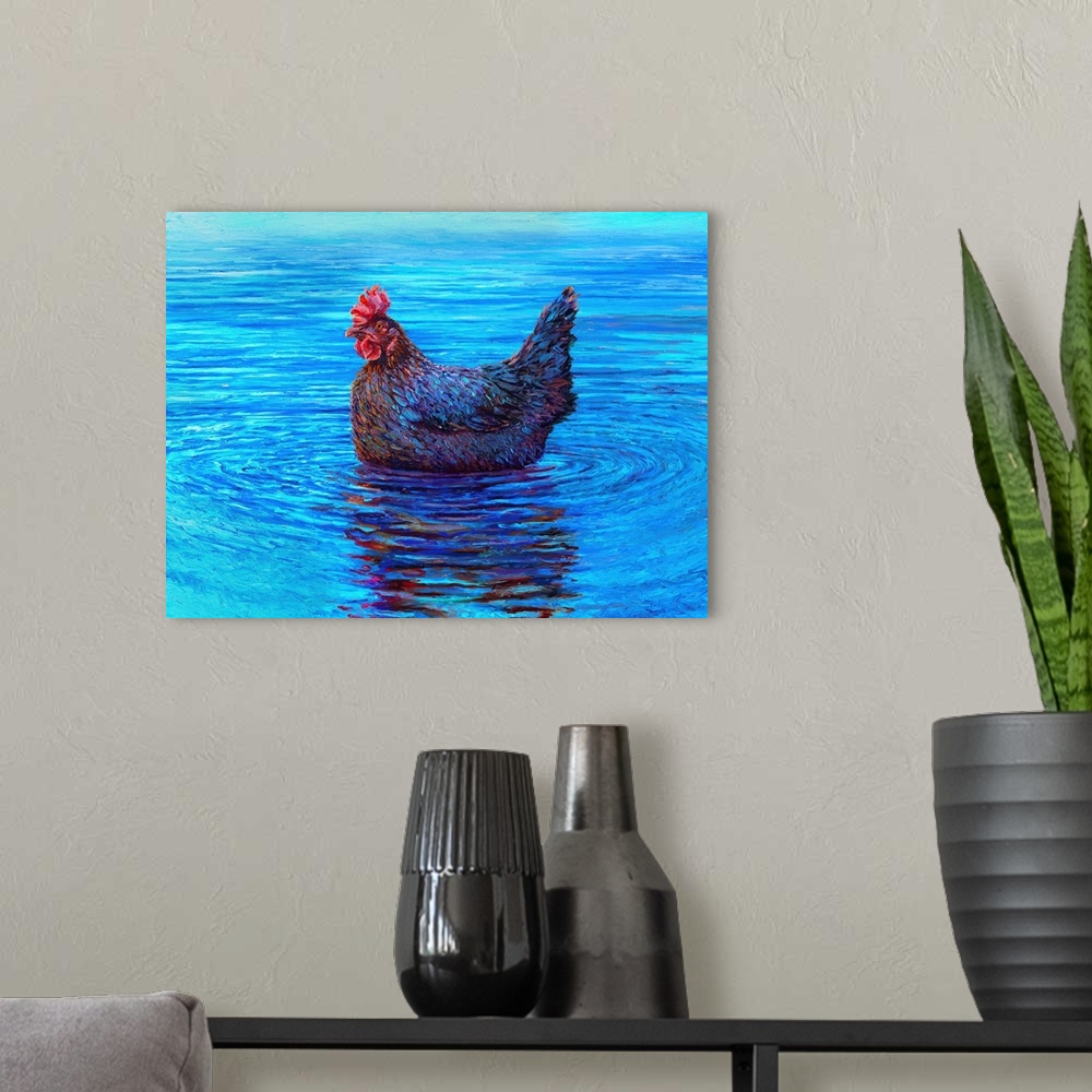 A modern room featuring Brightly colored contemporary artwork of a chicken at sea.