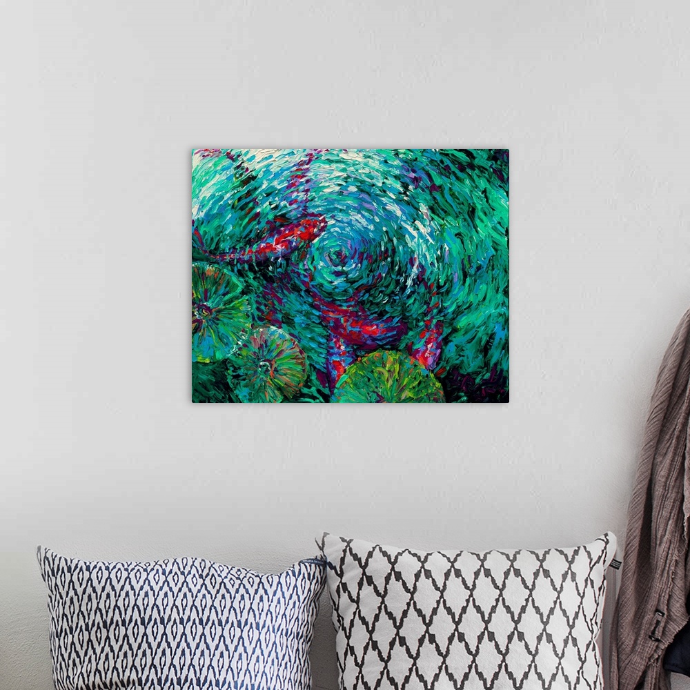 A bohemian room featuring Brightly colored contemporary artwork of a fish under rippling water.