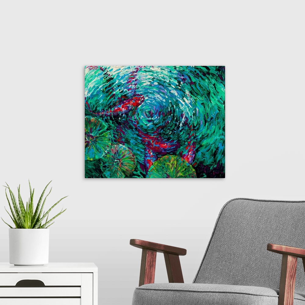 A modern room featuring Brightly colored contemporary artwork of a fish under rippling water.
