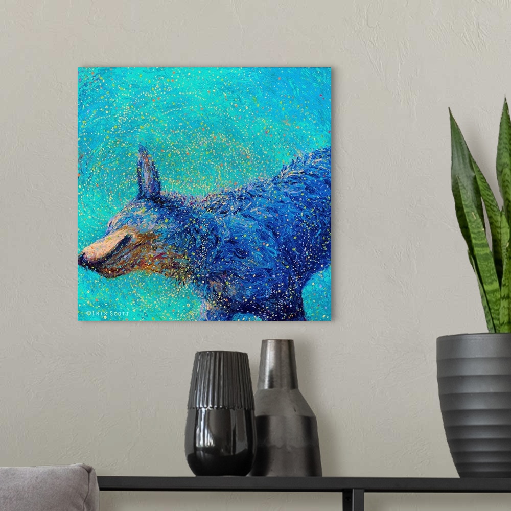 A modern room featuring Brightly colored contemporary artwork of a blue healer shaking off water.
