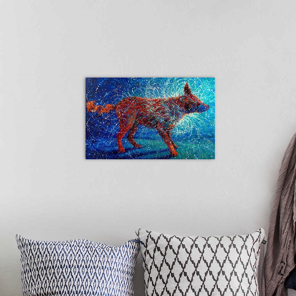 A bohemian room featuring Brightly colored contemporary artwork of an orange dog shaking off water.