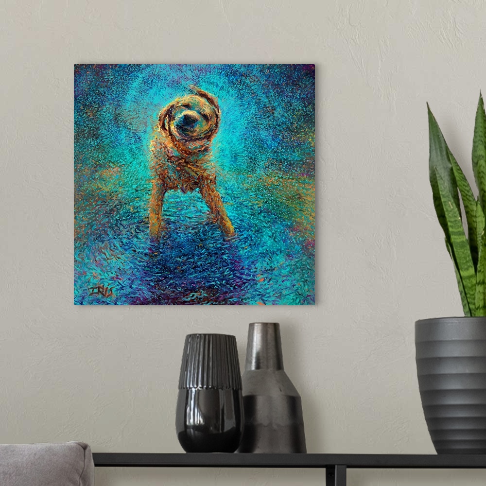 A modern room featuring Brightly colored contemporary artwork of a lab shaking off blue water.