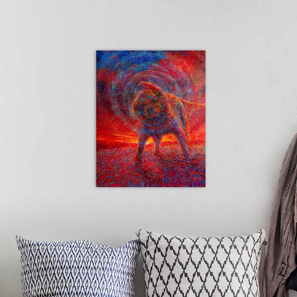 A bohemian room featuring Brightly colored contemporary artwork of a dog shaking off water in the sunset.