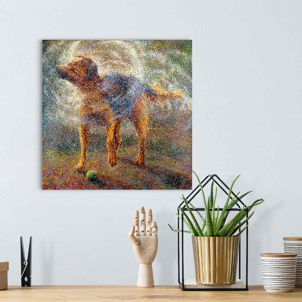 A bohemian room featuring Brightly colored contemporary artwork of a shepherd shaking off water.
