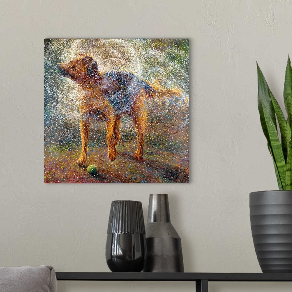 A modern room featuring Brightly colored contemporary artwork of a shepherd shaking off water.
