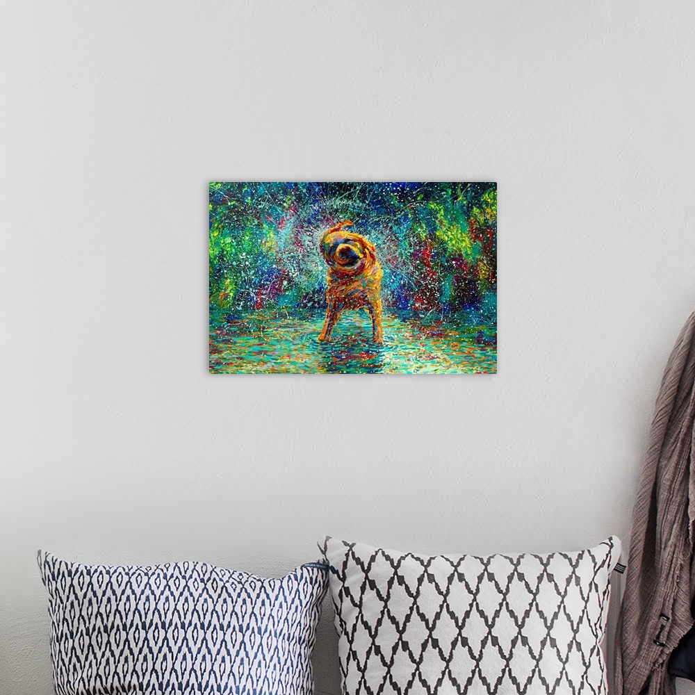 A bohemian room featuring Brightly colored contemporary artwork of a dog shaking off water in colors.