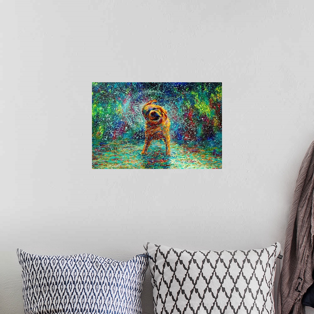 A bohemian room featuring Brightly colored contemporary artwork of a dog shaking off water in colors.