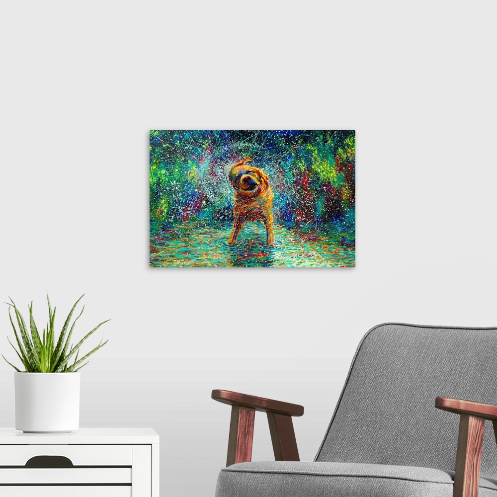 A modern room featuring Brightly colored contemporary artwork of a dog shaking off water in colors.
