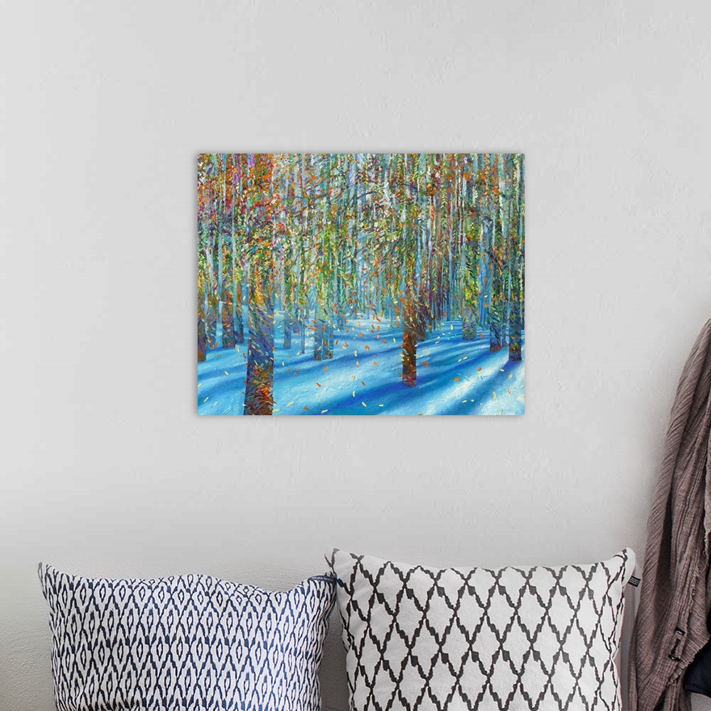 A bohemian room featuring Brightly colored contemporary artwork of leaves falling from trees in the snow.