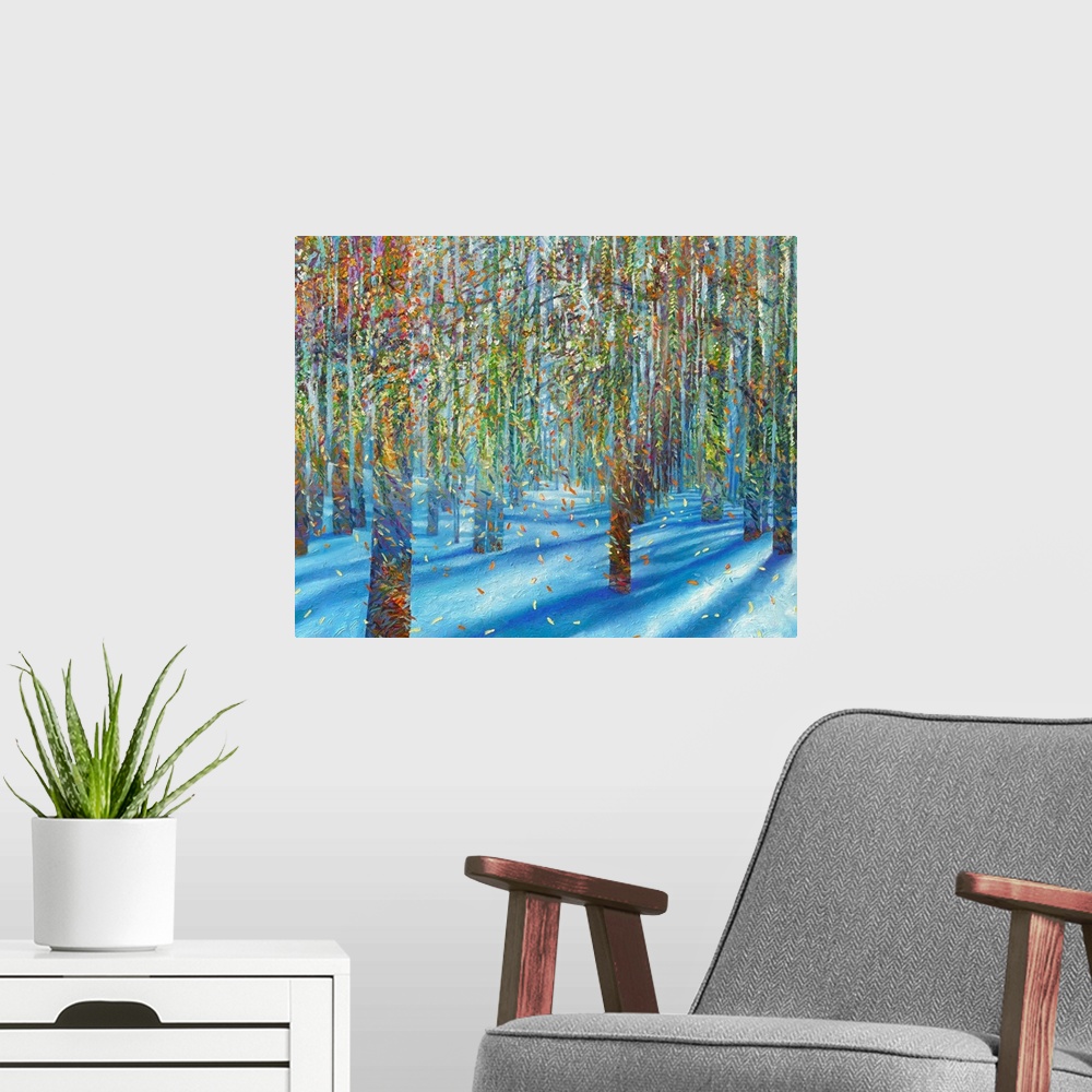A modern room featuring Brightly colored contemporary artwork of leaves falling from trees in the snow.