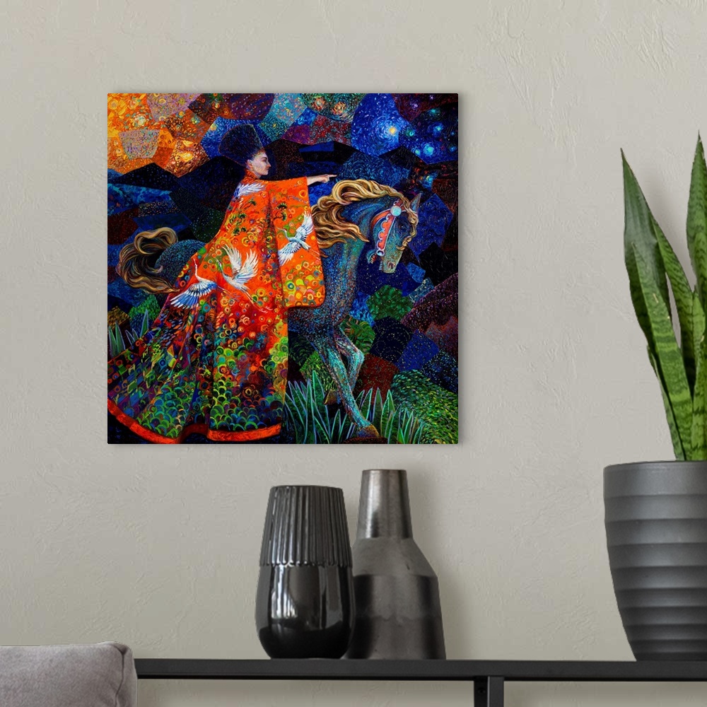 A modern room featuring Brightly colored contemporary artwork of a woman in orange robes riding a horse.