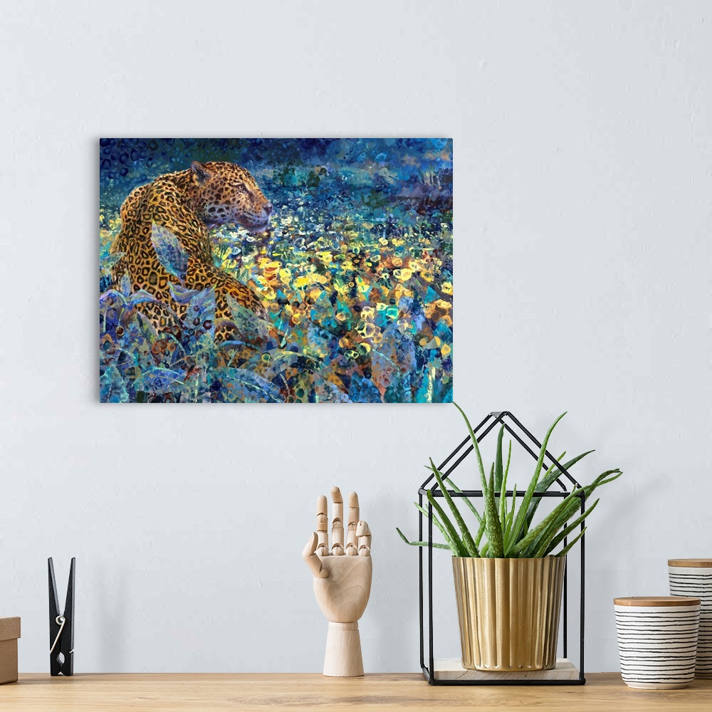 A bohemian room featuring Brightly colored contemporary artwork of a spotted leopard sitting in a forest.