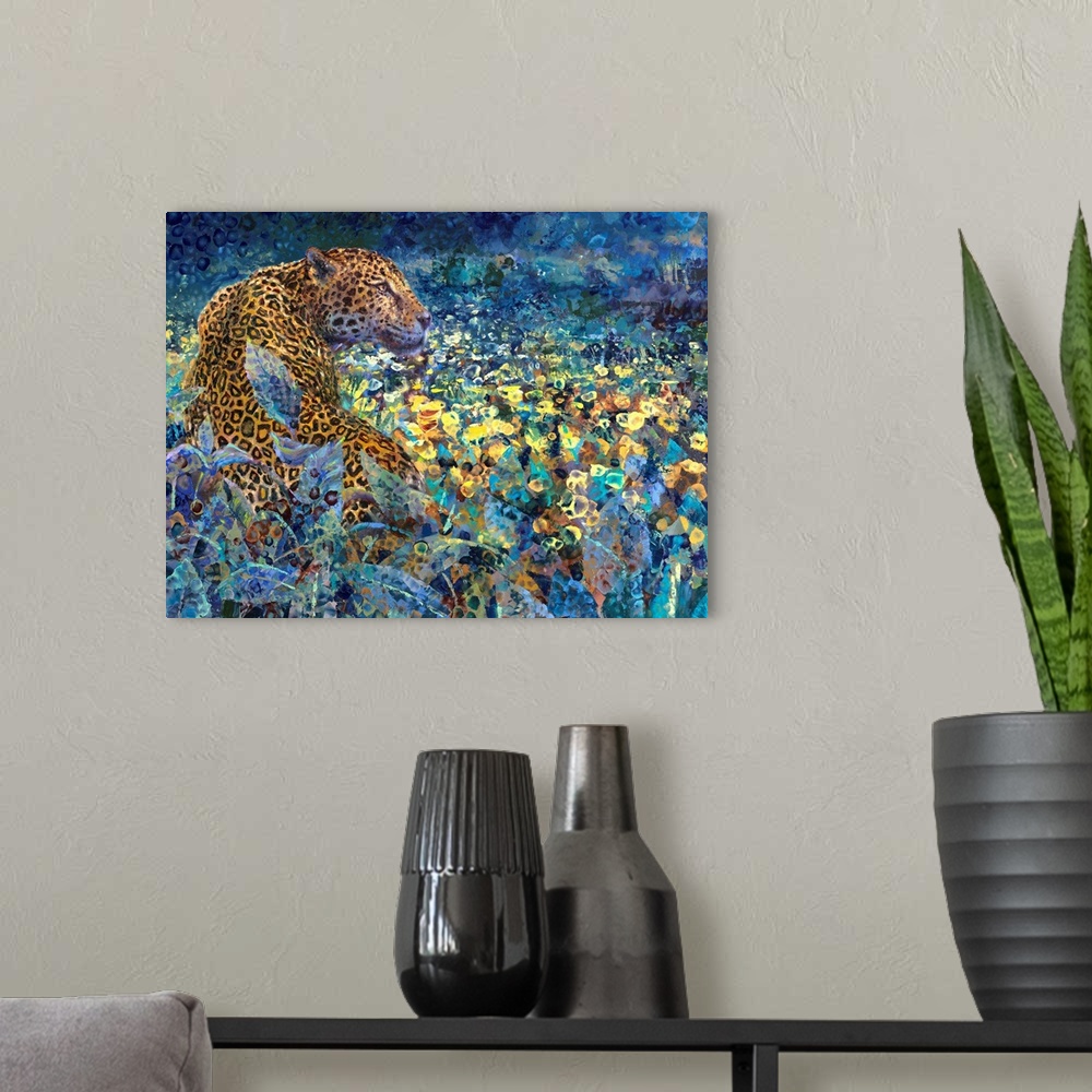A modern room featuring Brightly colored contemporary artwork of a spotted leopard sitting in a forest.