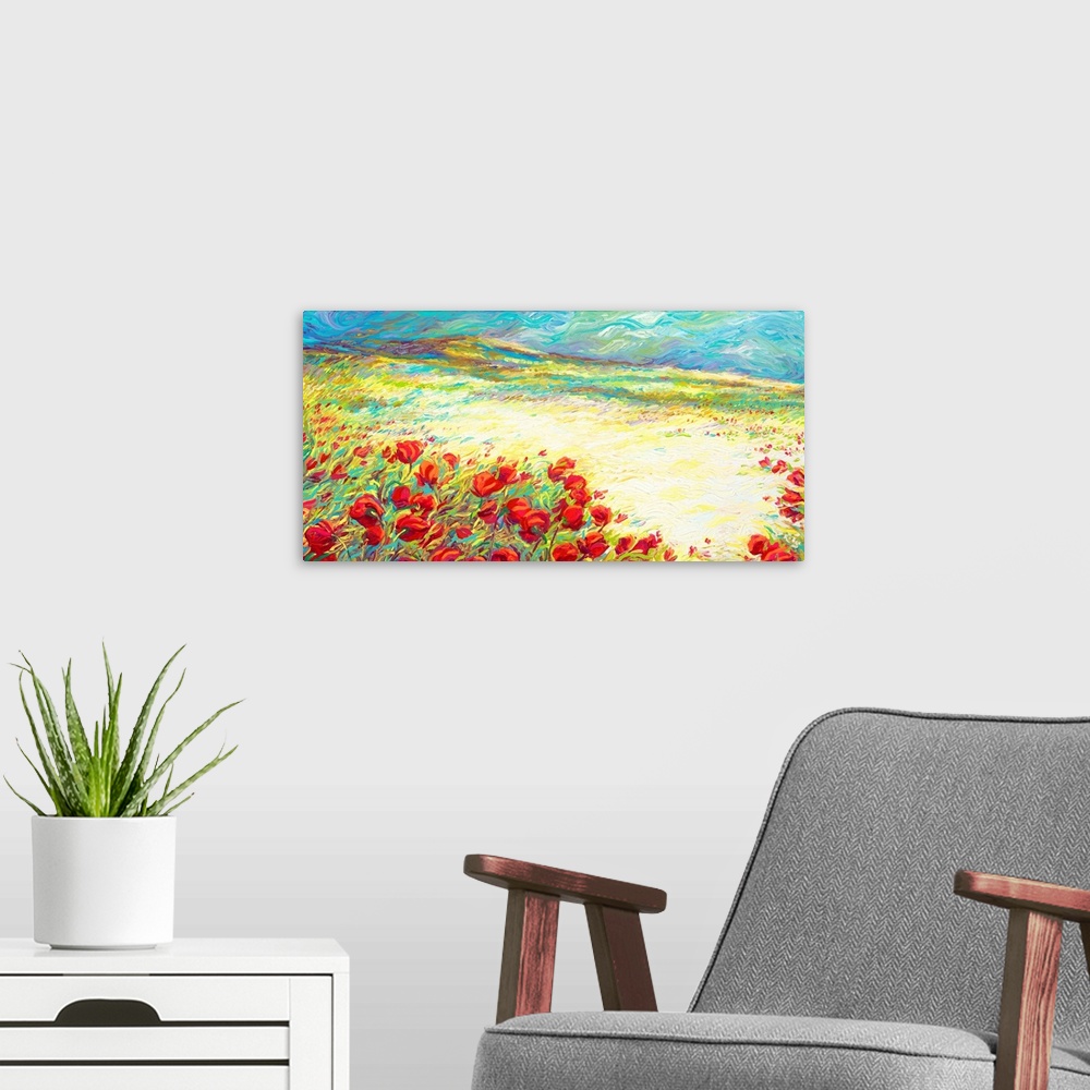 A modern room featuring Brightly colored contemporary artwork of a landscape of red flowers.