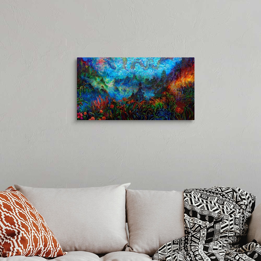 A bohemian room featuring Brightly colored contemporary artwork of a dragon flying over a field.