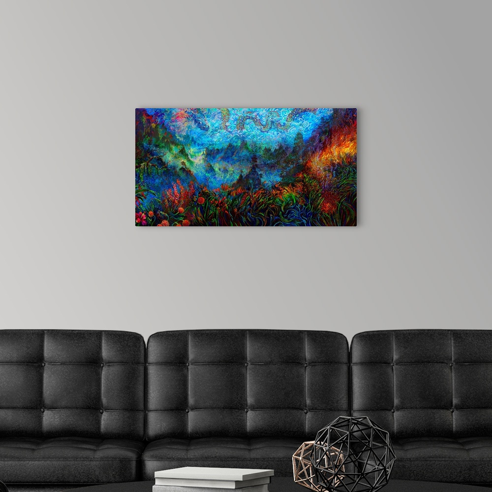 A modern room featuring Brightly colored contemporary artwork of a dragon flying over a field.
